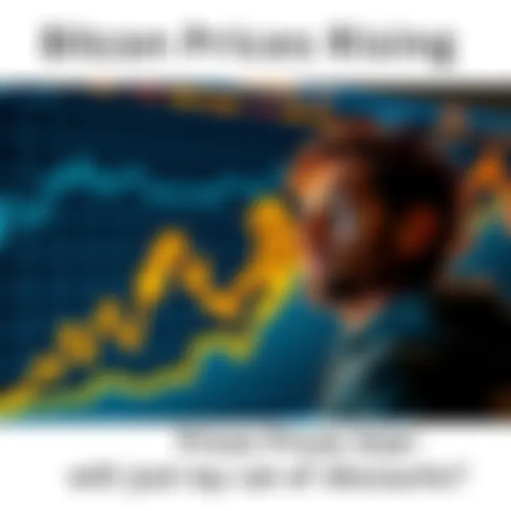 A chart showing Bitcoin prices increasing with a person looking at it thoughtfully, symbolizing the anticipation of discounts and future gains.