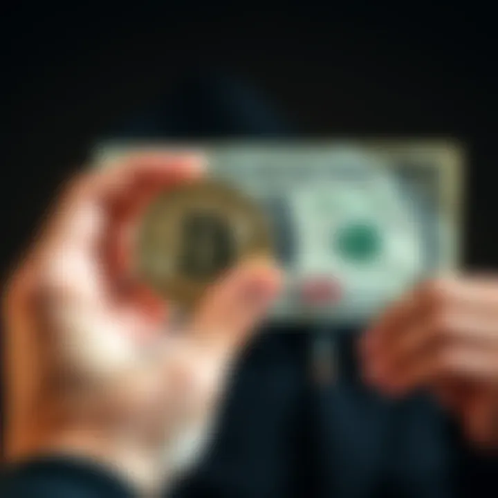 A person holds a Bitcoin coin in one hand and a US dollar bill in the other, contemplating their value.