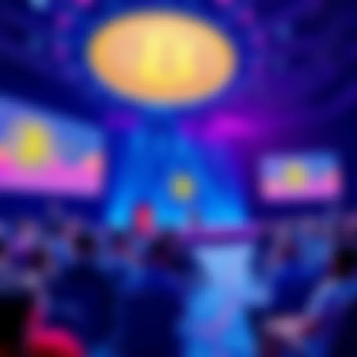 A vibrant scene from the Bitcoin2025 livestream showing speakers at a panel, engaged audience, and a large screen displaying cryptocurrency graphics.