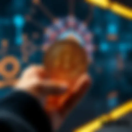A person holding a Bitcoin symbol with AI technology in the background, representing the merging of cryptocurrency and artificial intelligence.