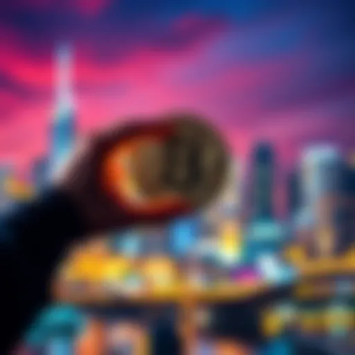A person holding a Bitcoin symbol with a city skyline in the background, representing the impact of Bitcoin on global dynamics.