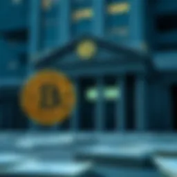 A Bitcoin symbol next to a traditional bank building, illustrating the disconnect between cryptocurrency and banking services.