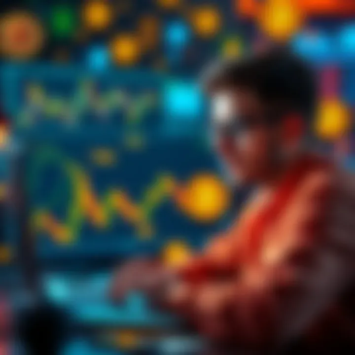 A young man looking at Bitcoin charts on his laptop, surrounded by cryptocurrency symbols and guides, appearing focused and curious.