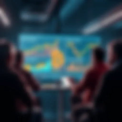 A group of people discussing Bitcoin block sizes with charts and graphs visible on a screen, showing the contrast between small and large blocks.