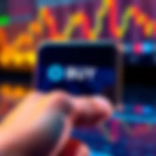 Illustration showing a hand pressing a buy button for Bitcoin during a price dip on a financial app