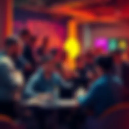 A group of people discussing Bitcoin Cash at a community event, sharing ideas and insights over laptops and phones.