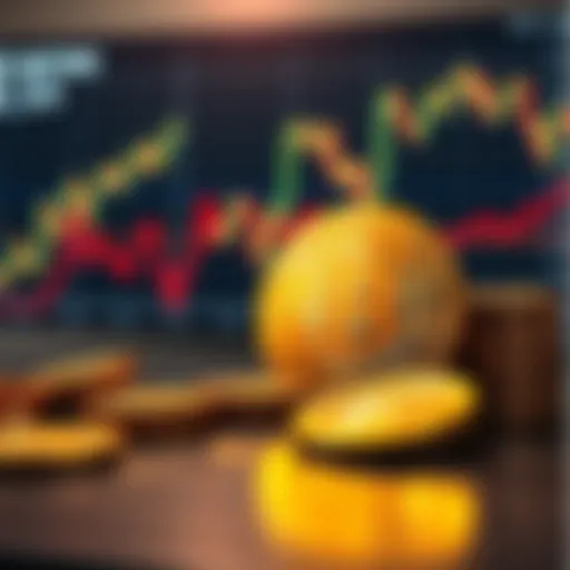 A graphical representation of the Bitcoin price chart alongside physical Bitcoin coins on a table, showing the volatile nature of cryptocurrency.