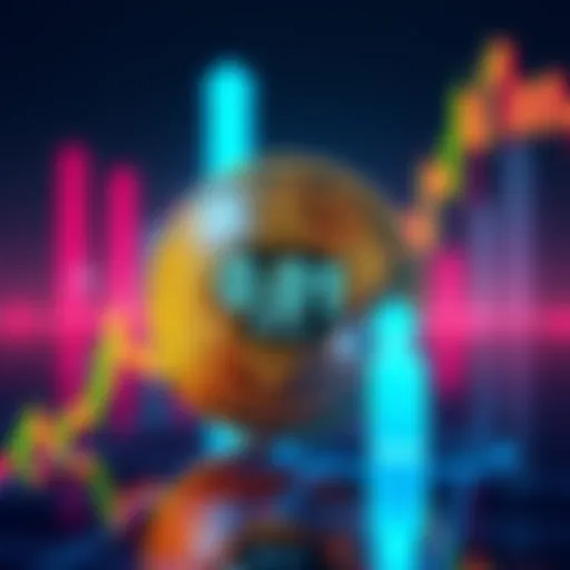 A shiny Bitcoin coin prominently displaying a label that says 0.01 BTC, surrounded by a digital graph showing rising prices.