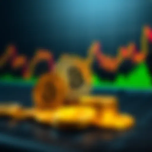 A stack of Bitcoin coins beside a fluctuating market graph, emphasizing the importance of holding rather than selling