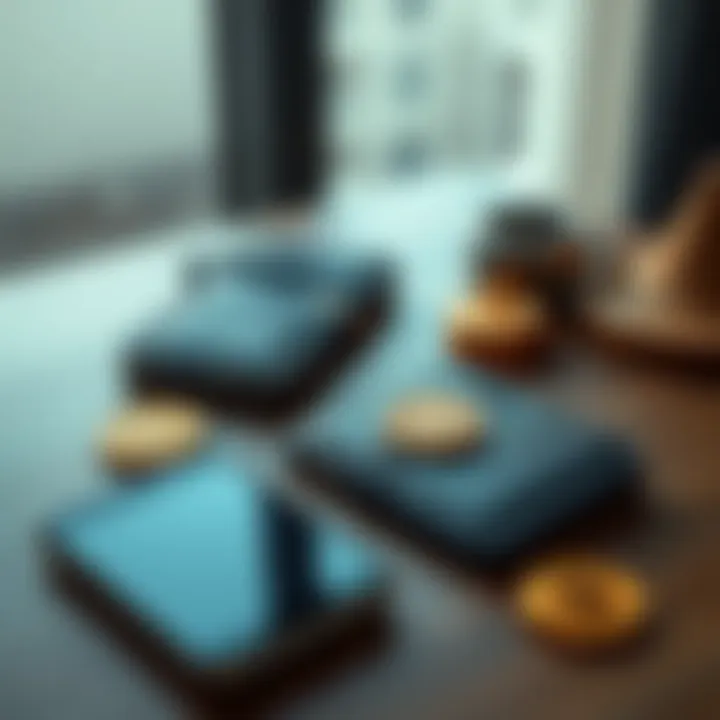 A Bitcoin cold wallet device next to a smartphone and Bitcoin coins on a wooden table
