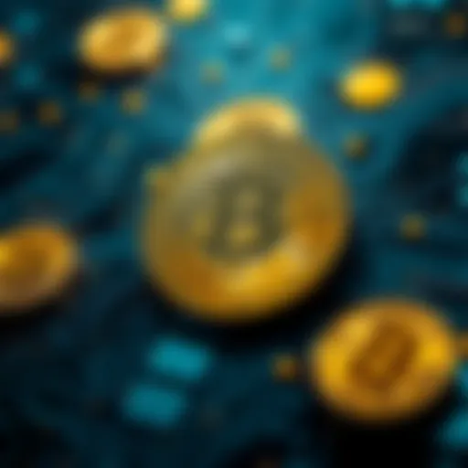 A visual representation of Bitcoin with digital coins and circuit patterns, symbolizing its creation.