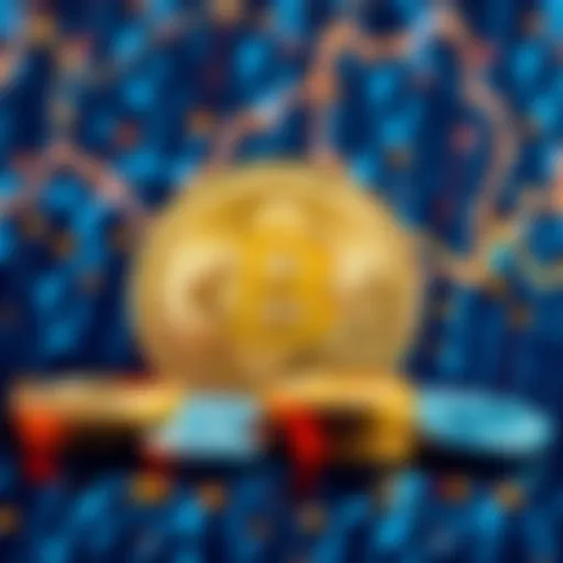 A visual representation of Bitcoin with digital coins and a blockchain background highlighting the concept of cryptocurrency.