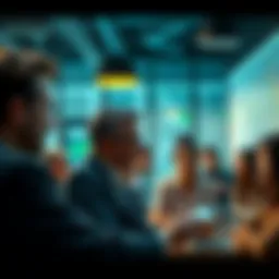 A group of people discussing Bitcoin and its concerns in a financial setting, showcasing expressions of doubt.