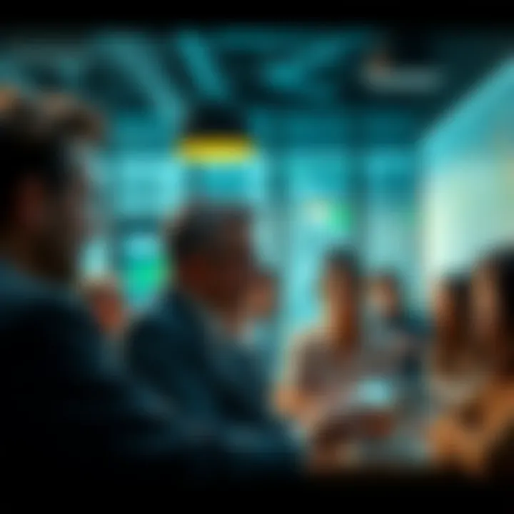 A group of people discussing Bitcoin and its concerns in a financial setting, showcasing expressions of doubt.