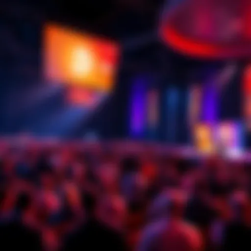 A crowd of people at a conference center engaged in discussions about cryptocurrency with banners and speakers.