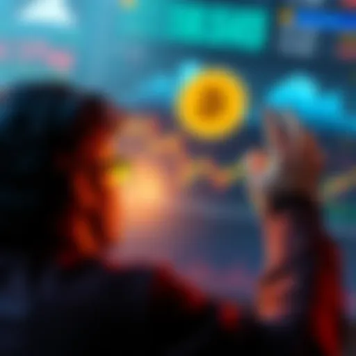 A person looking at a chart with rising Bitcoin prices, showing mixed emotions of excitement and concern.