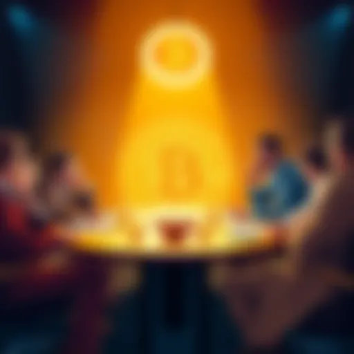 Bitcoin enthusiasts and skeptics discussing financial views at a round table.