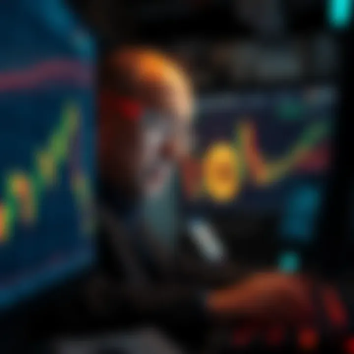 Graph showing downward trend in Bitcoin prices with a worried trader looking at a screen.
