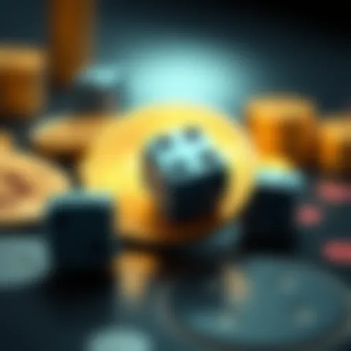 A close-up image of a pair of dice resting on a Bitcoin symbol, representing the debate on Bitcoin as gambling.