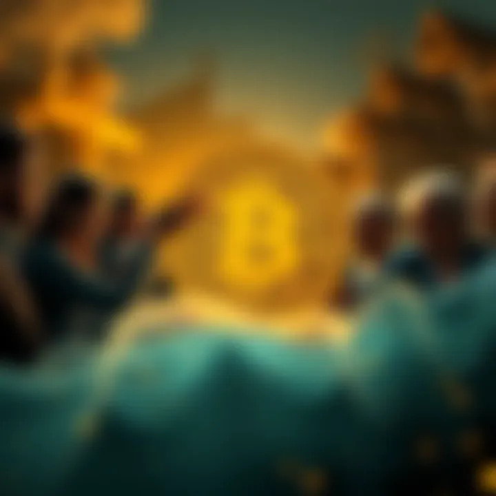 A group of passionate Bitcoin advocates gathered around a glowing Bitcoin symbol, illustrating their fervent belief in cryptocurrency as a new faith.