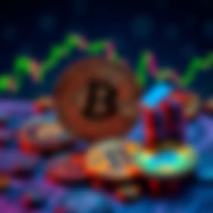 A graphic showing Bitcoin's value drop against the declining dollar, with coins and currency exchange symbols.