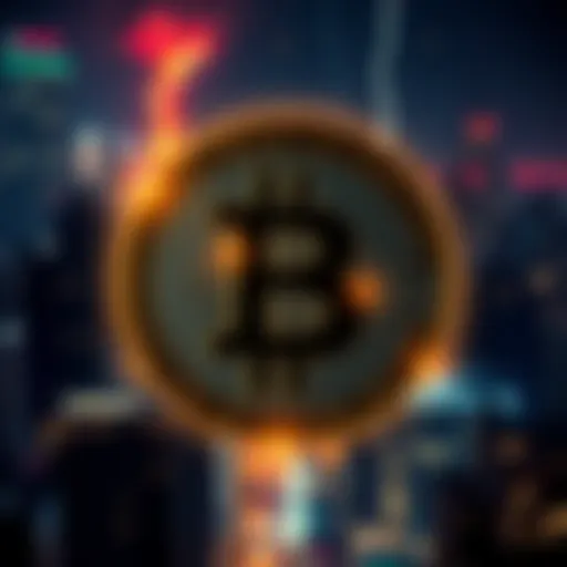A Bitcoin logo surrounded by a darkened cityscape with flickering lights, illustrating the impact of an EMP attack on digital currency.