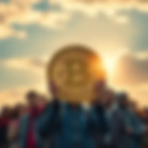 A group of diverse people holding a Bitcoin symbol, representing financial empowerment and freedom, with a bright sky in the background.