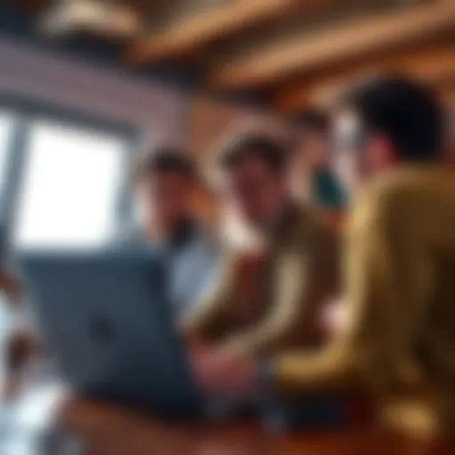 A person passionately discussing Bitcoin with a group of friends, showing charts and graphs on a laptop, reflecting hope for future wealth.