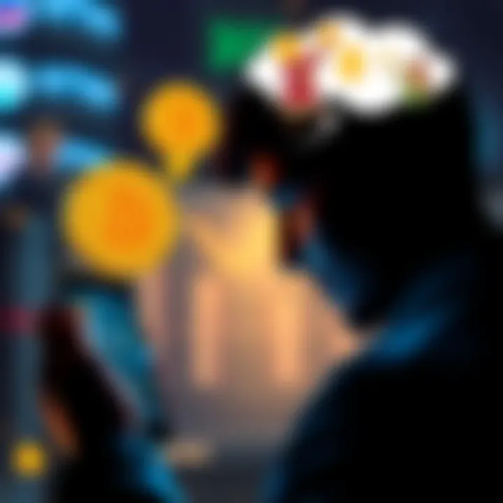 A person looking at a smartphone displaying Bitcoin graphs, with a thought bubble showing dollar signs and fairytale images.