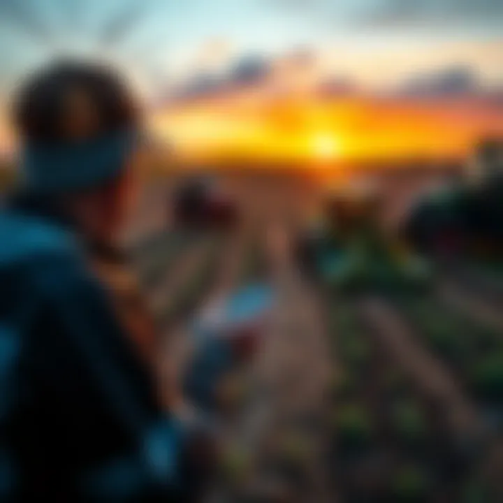 A Bitcoin buyer examines a farm, symbolizing the use of cryptocurrency beyond traditional purchases. The scene shows fields and farm equipment, representing agricultural investment.