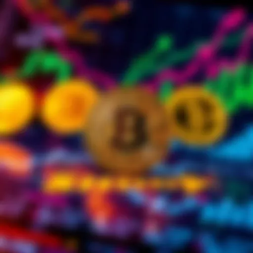 An abstract image showing Bitcoin symbols surrounded by charts and arrows indicating growth and change