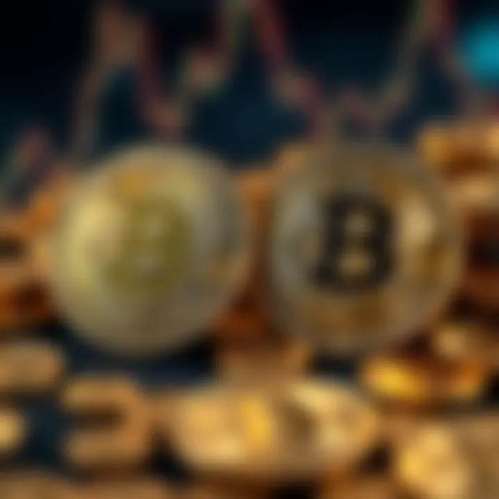 Bitcoin and Gold Comparison A graphic showing Bitcoin symbols and gold coins side by side, highlighting Bitcoin's ability to trade in smaller fractions compared to gold.