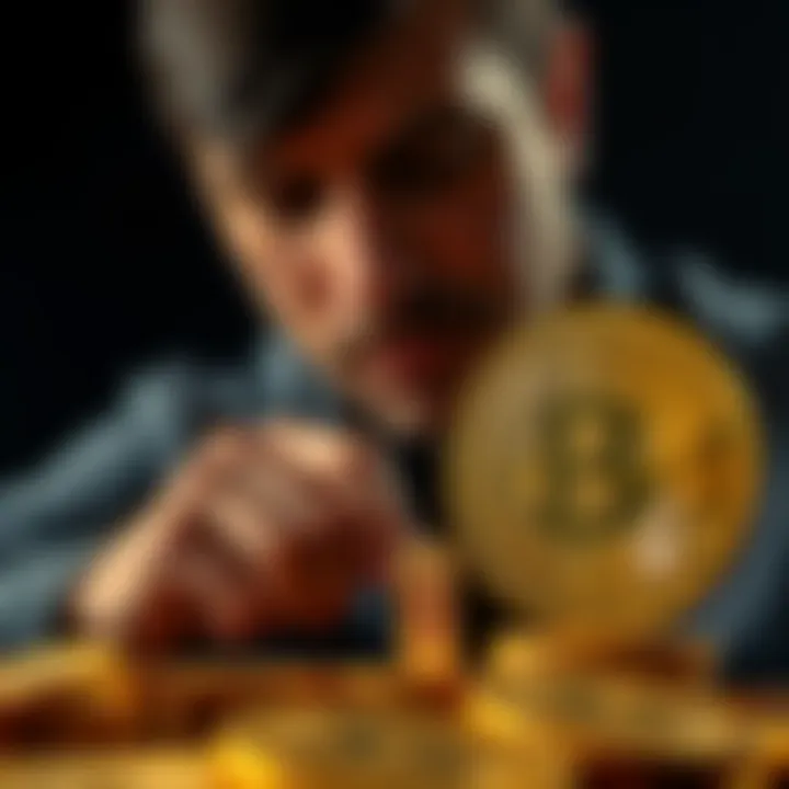 A person pondering over gold coins and a Bitcoin symbol, representing investment choices in tangible assets versus cryptocurrency.