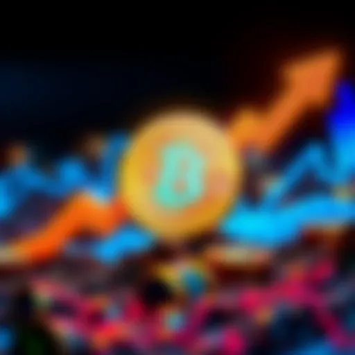 A digital representation of Bitcoin with arrows indicating rising popularity and financial growth.