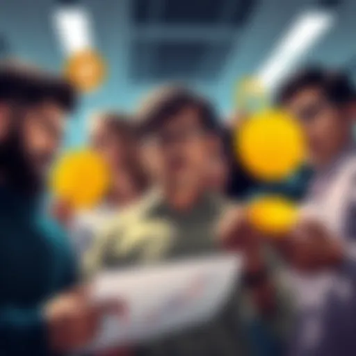 A group of people discussing Bitcoin with confused expressions, holding charts and digital currency symbols, reflecting uncertainty about their investments.
