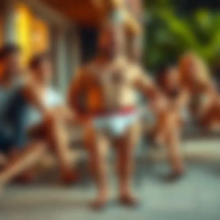 A Bitcoin enthusiast wearing torn underwear and flip-flops, laughing with friends in a relaxed setting, representing the humorous side of the cryptocurrency culture.
