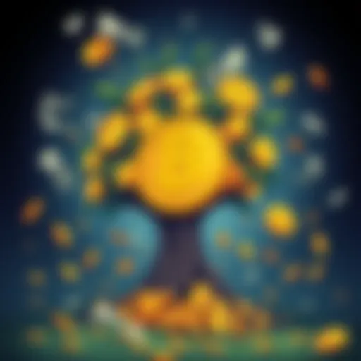 A cartoonish depiction of Bitcoin coins growing on a tree, with dollar bills floating around, highlighting the funny transformation of Bitcoin into a money-making asset