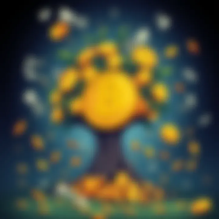 Bitcoin as an Income-Generating Asset A cartoonish depiction of Bitcoin coins growing on a tree, with dollar bills floating around, highlighting the funny transformation of Bitcoin into a money-making asset