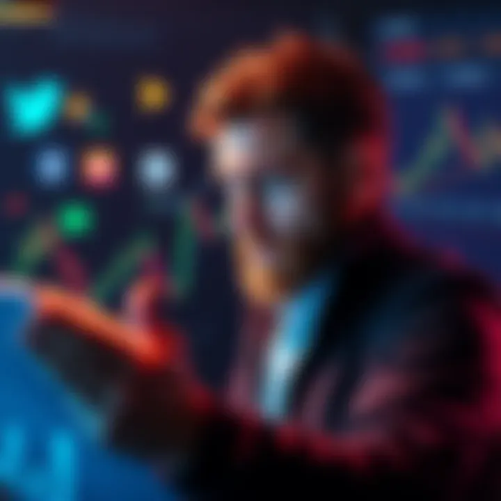 A Bitcoin influencer appears confused while analyzing a chart, surrounded by social media icons and graphs, illustrating a misunderstanding of market patterns.