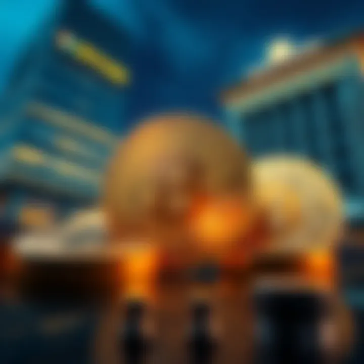 A graphic showing Bitcoin coins with large institutional buildings in the background, illustrating the shift of Bitcoin control from individuals to major institutions.