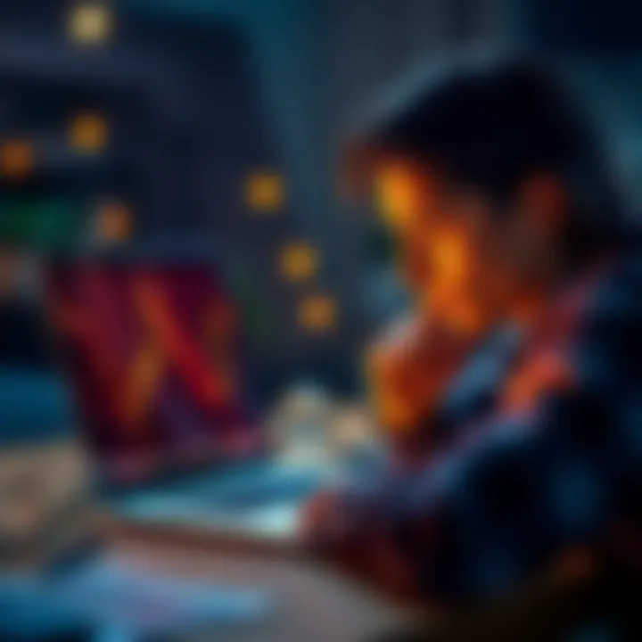 Bitcoin Investing A person looking at a Bitcoin chart on a laptop with a thoughtful expression, symbolizing ease of investment.