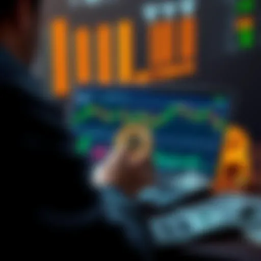 A person examining Bitcoin charts on a laptop with dollar bills nearby, symbolizing investment opportunities.