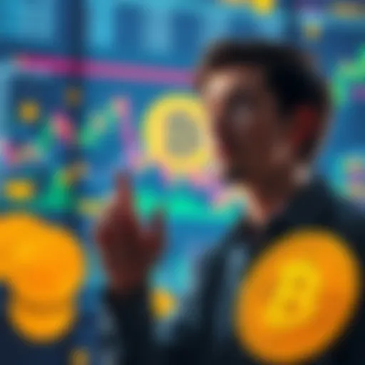 A person considering Bitcoin investment over stocks, with Bitcoin symbols and stock charts in the background.