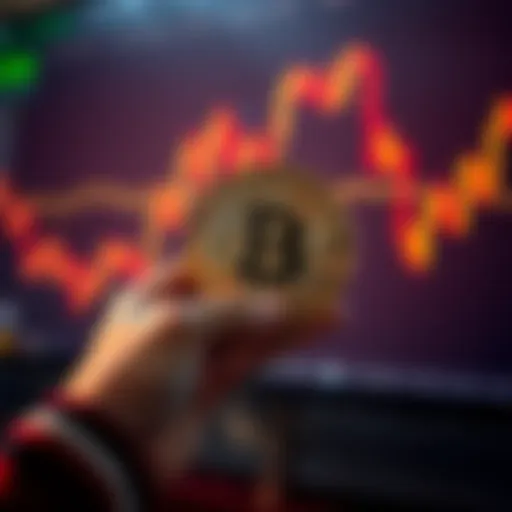 Person holding a Bitcoin with a graph showing market trends in the background