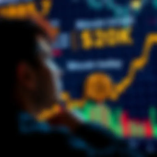 Bitcoin Investment A person contemplating an investment in Bitcoin with a graph showing rising trends in the background.