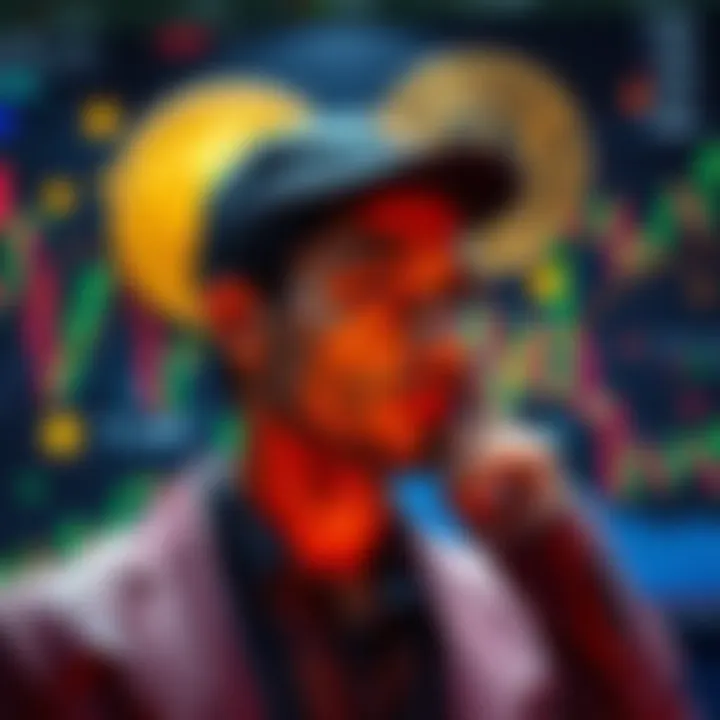 A person contemplating investing in Bitcoin with a visual of Bitcoin symbols and charts in the background.