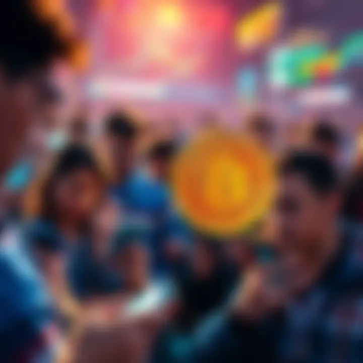A crowd of people looking at Bitcoin charts on their devices, showing interest in cryptocurrency investment