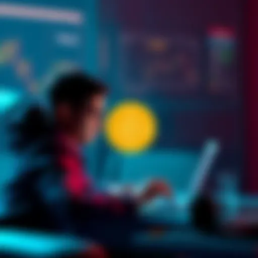 Individual contemplating a Bitcoin investment over paying debt, with a laptop and a Bitcoin symbol in view