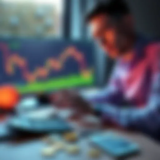 A person analyzing a chart of Bitcoin prices with a calculator and cash on a table