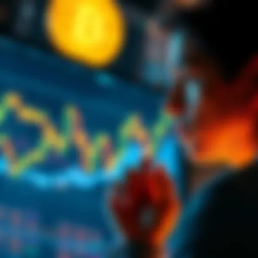A person looking at a chart showing Bitcoin prices with a thoughtful expression, symbolizing investment decisions.